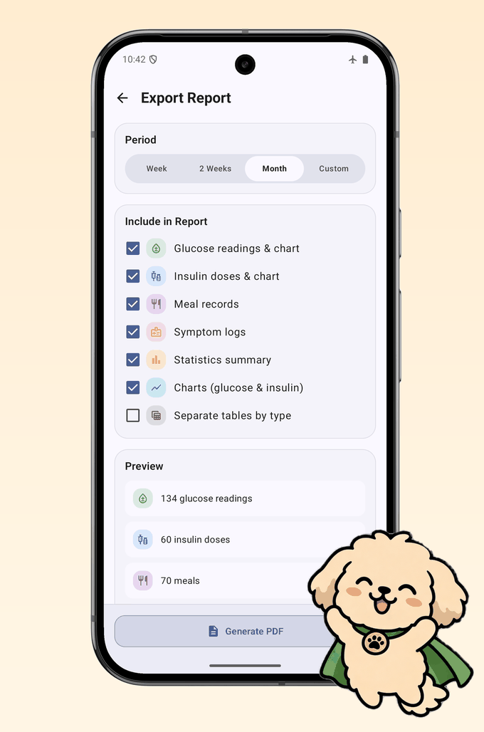 Export report screen: choose a period, tick which sections to include, preview the record counts, then generate the PDF.