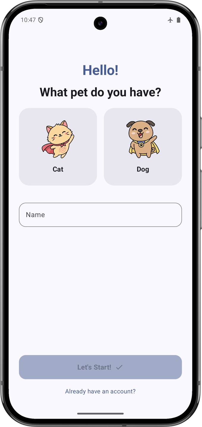 Setup screen asking whether you have a cat or a dog, with the cat selected and a field for the pet's name.
