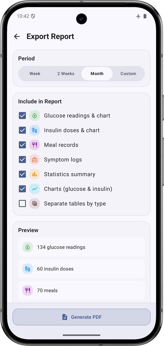 Export report screen with the period set to Month, sections ticked for readings, doses, meals, symptoms, statistics and charts, and a Generate PDF button.